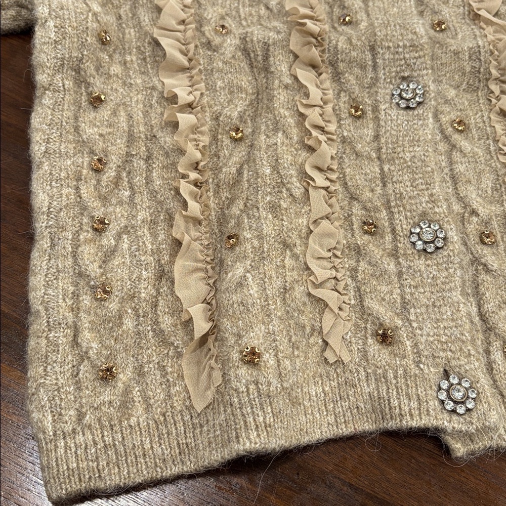 NWT MAEVE (S) Short-Sleeve Embellished Ruffled Cardigan Sweater Taupe Stretch - Picture 10 of 14